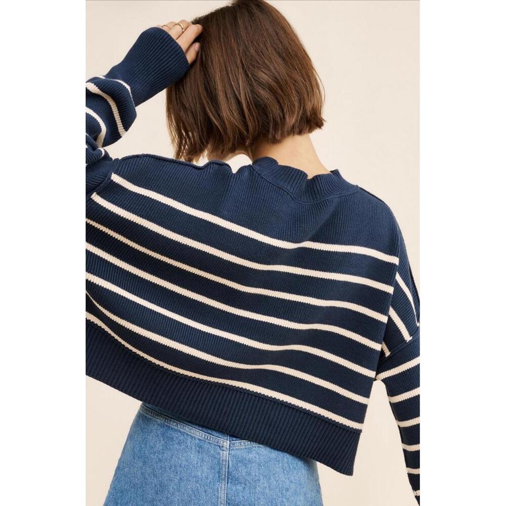 Free People Easy Street Crop Striped Pullover Sweater, Women's XS, Navy Blue - Picture 2 of 7